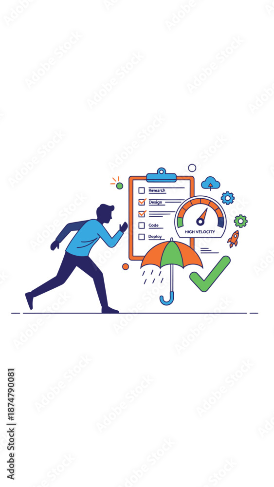 Fototapeta premium Man Running Towards Checklist and Gauge with Umbrella Protection.