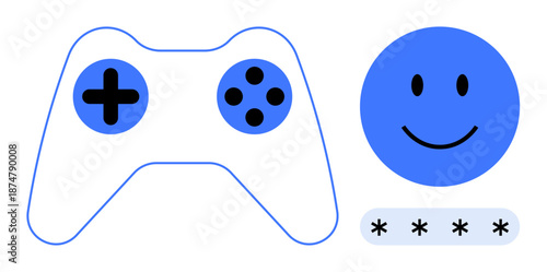 Gaming concept. Gaming controller, happy face, and password symbols gaming entertainment, player identity, and security. Ideal for gaming apps, cybersecurity, online accounts user interfaces