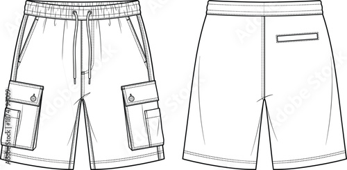 Cargo, shorts, front, and, back, view, outline, vector, fashion, apparel, mockup, template, minimal, design, clothing, illustration, casual, streetwear, utility, style