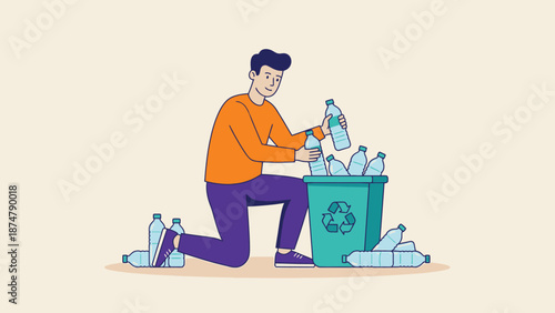 Man recycling plastic bottles into a green bin.