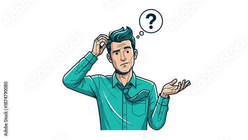 Man scratching head with question mark thinking confused.