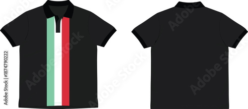 Black polo shirt mockup with vertical tricolor stripe, front and back view, modern sportswear apparel design illustration, vector fashion template