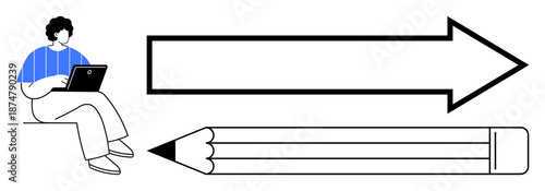 Creativity, idea generation, content creation, education, remote work, graphic design. A man with a laptop, arrow and pencil on a white background. Creativity and content creation concept