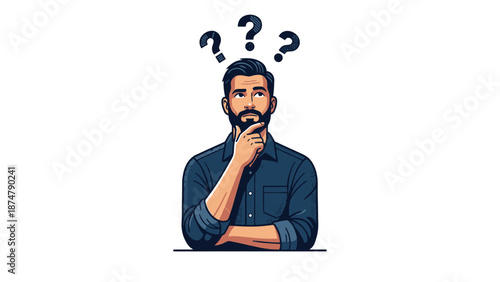 Man with beard thinking with question marks above head.