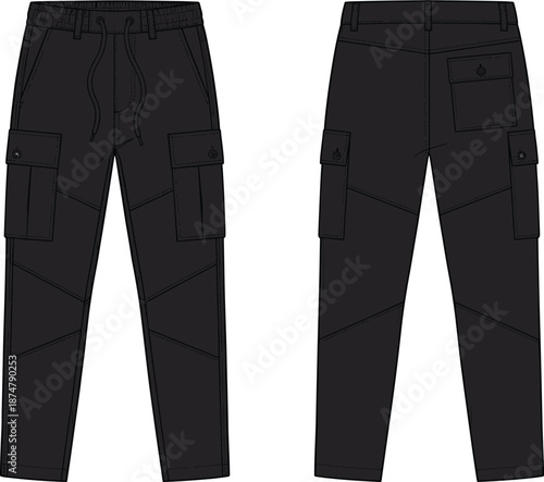 Black cargo pants technical flat sketch, front and back view apparel template, utility pockets drawstring waist, modern streetwear vector illustration