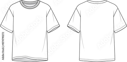 Basic t shirt technical flat sketch, front and back view apparel template, short sleeve crew neck, minimal vector fashion mockup
