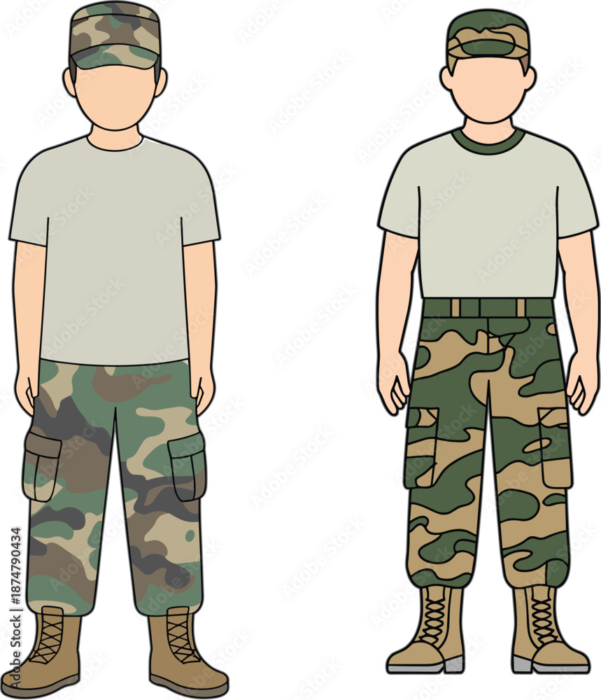 Fototapeta premium Flat vector illustration of male soldiers wearing military camouflage pants, caps, and t-shirts isolated on a white background