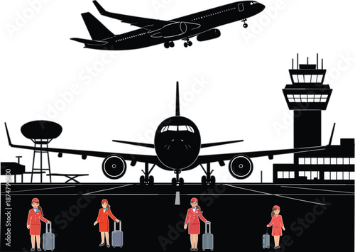 Commercial airplane silhouette on airport runway with control tower and four flight attendants in red uniforms carrying luggage suitcases