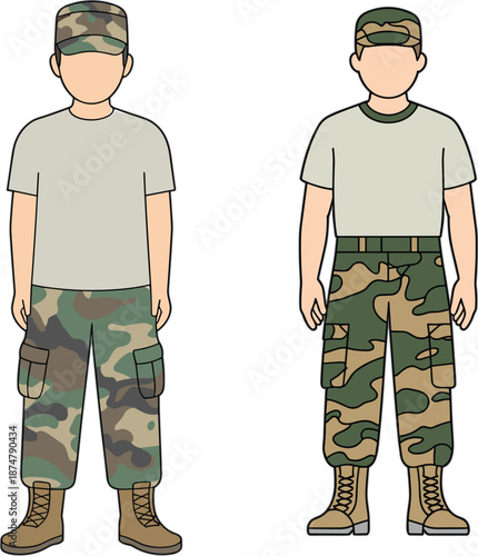 Flat vector illustration of male soldiers wearing military camouflage pants, caps, and t-shirts isolated on a white background