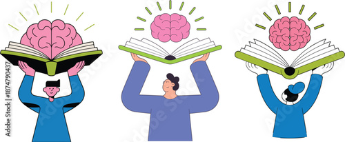 Flat vector illustration of people holding open books with human brains floating above for education, mental health awareness psychology and cognitive development concepts