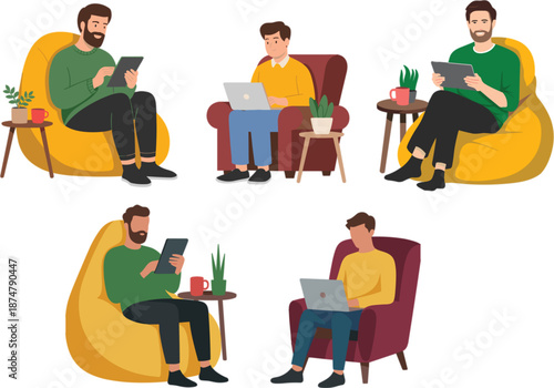Flat vector illustration of young men sitting comfortably in armchairs and bean bags while working on laptops and tablets for remote work or study concepts
