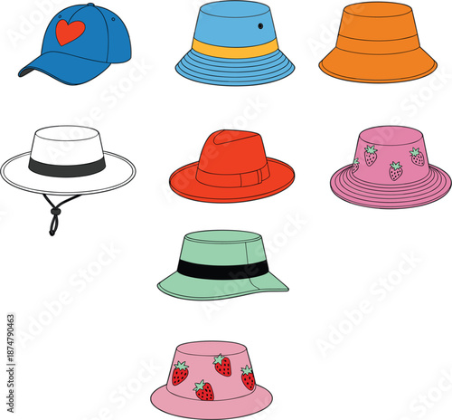 Flat vector illustration set of various colorful hats including baseball caps bucket hats and sun hats for summer fashion travel and accessory design concepts