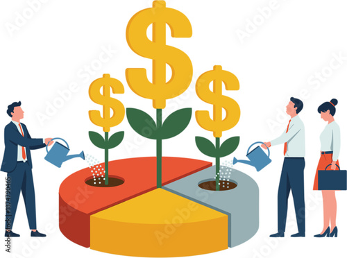 Group of business people watering dollar money trees on a colorful pie chart, financial investment and growth concept