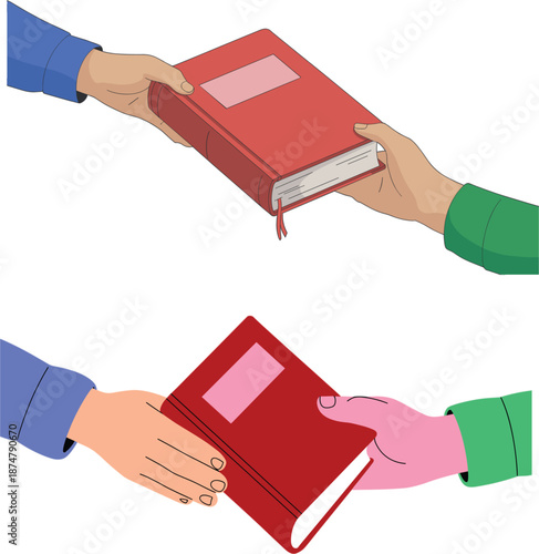 Vector illustration of two hands passing a red book to each other isolated on white background for education concept