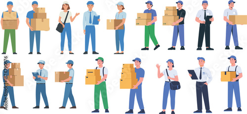 Vector illustration set of diverse delivery men and women couriers carrying cardboard boxes and clipboards for logistics and shipping concepts