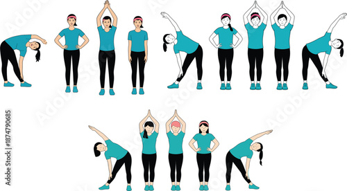 Vector illustration set of diverse people in turquoise activewear performing different physical stretching exercises and yoga poses for wellness