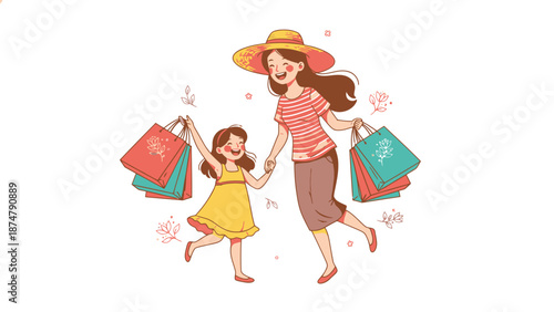 Mother and daughter enjoying shopping spree together.