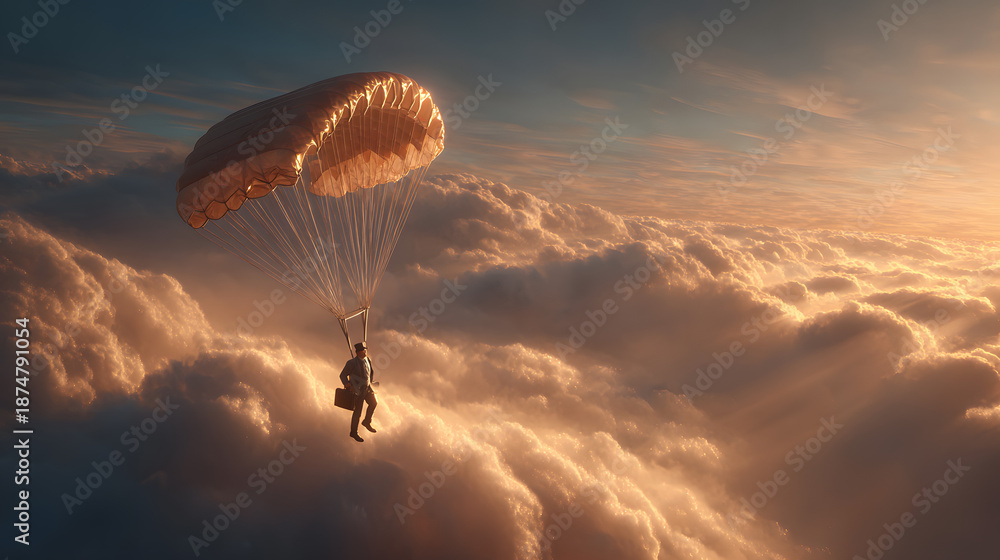Fototapeta premium Conceptual image of businessman flying with parachute on back.
