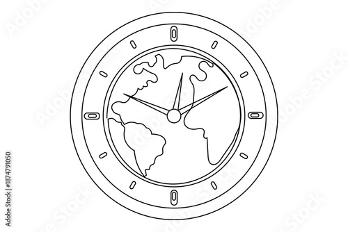 Clock with earth inside line art drawing minimalist style isolate outline