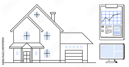 Real estate, homeownership, property investments, data analysis, market trends, business applications. A house, data chart and computer. Real estate and property investments concept