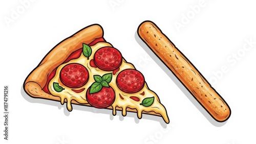 A slice of pepperoni pizza with basil and a breadstick on white background