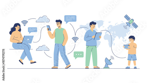 People connected through technology and communication networks.