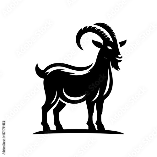 Black and white cartoon goat illustration on a white background in simple vector style