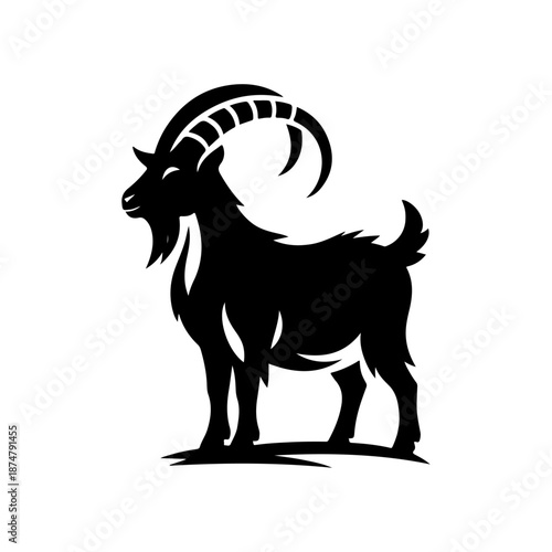 Black and white cartoon goat illustration on a white background in simple vector style