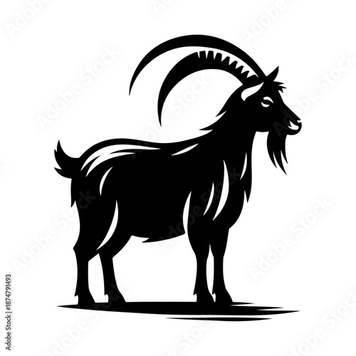 Black and white cartoon goat illustration on a white background in simple vector style