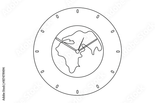 Simple clock with planet earth line art drawing minimalist style outline.e