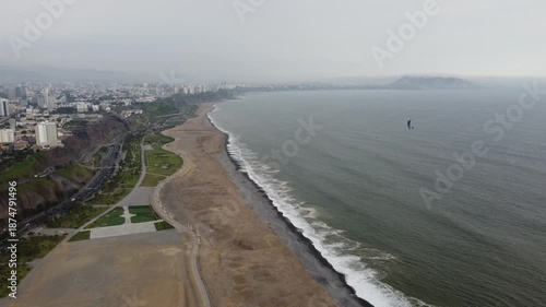 Wallpaper Mural aerial beach city coastline foggy Lima, overcast morning with gentle waves breaking on sandy shore Torontodigital.ca