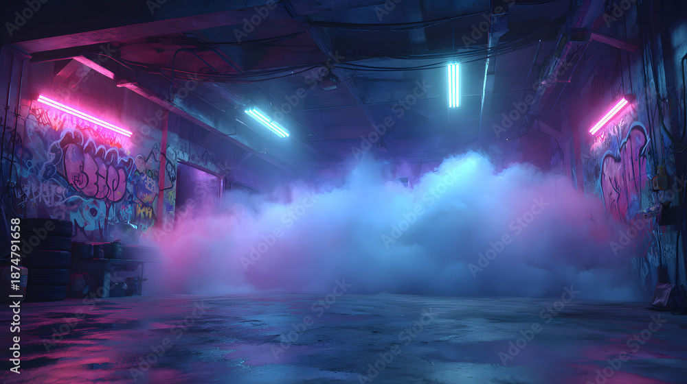 Fototapeta premium Sci Fi Futuristic Smoke Fog Neon Laser and graffiti art in Garage Room,blue pink violet neon abstract background,ultraviolet light,night club Cyber Undergound Warehouse Concrete Reflective Studio
