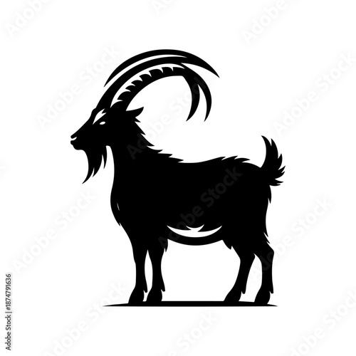 Black and white cartoon goat illustration on a white background in simple vector style