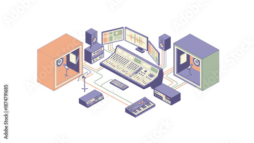 Professional audio production studio setup with mixing console and speakers.