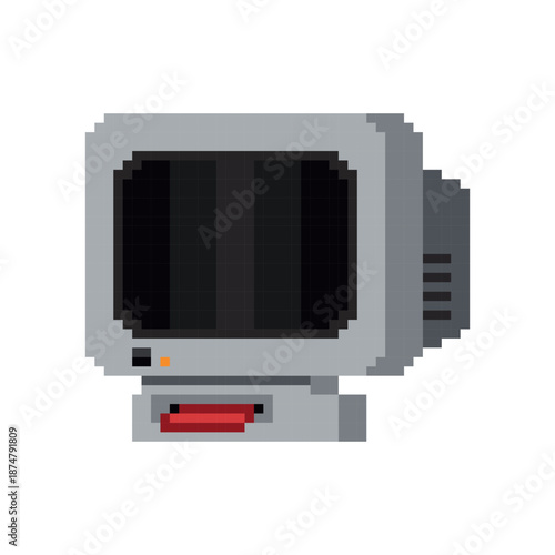 Retro pixel art computer monitor with floppy disk drive, vintage 90s technology workstation isolated on white