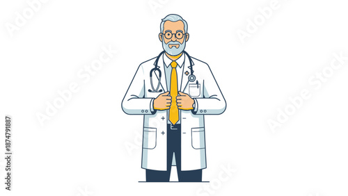 Professional Doctor in White Coat with Stethoscope and Tie.