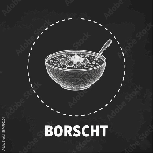 Borscht soup bowl illustration on a black background with copy space