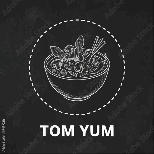 Tom Yum soup bowl illustration on a black background with copy space