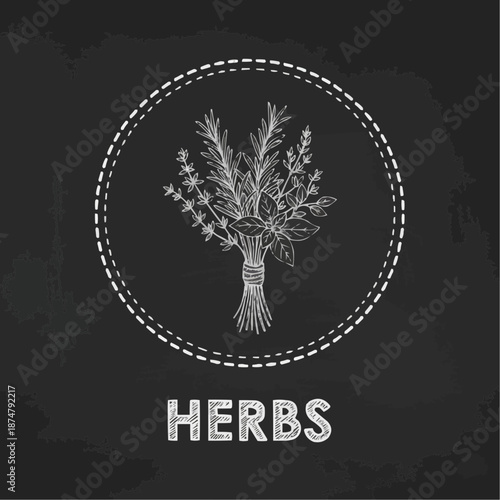 Herbs bouquet illustration on a black background with copy space