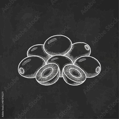 Illustration of olives on a black background for culinary and Mediterranean cuisine themes