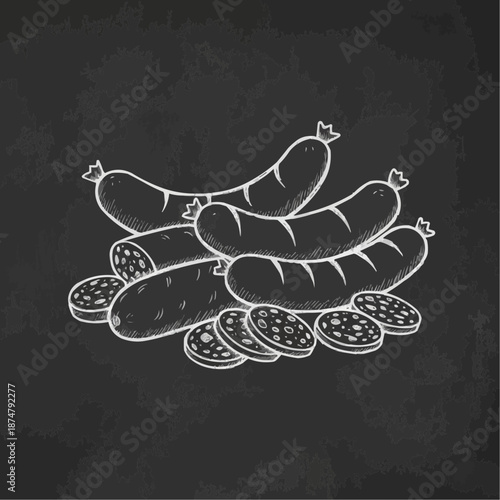 Illustration of sausages and sliced salami on a black background for culinary and deli themes