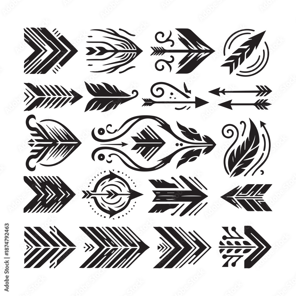 Fototapeta premium Collection of various tattoo arrows and feather designs