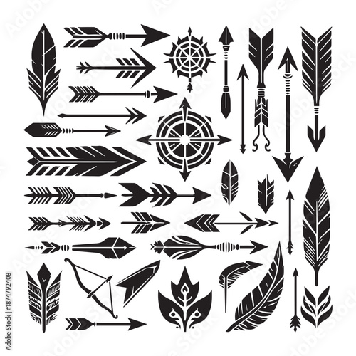 Collection of various tattoo arrows and feather designs