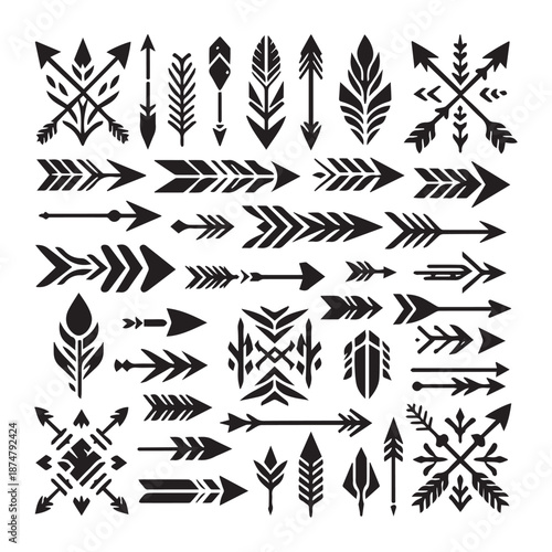 Collection of various tattoo arrows and feather designs