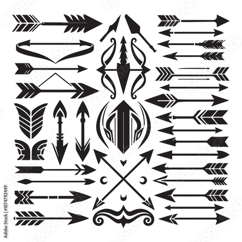 Collection of various tattoo arrows and feather designs