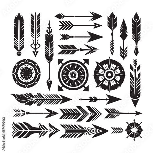 Collection of various tattoo arrows and feather designs