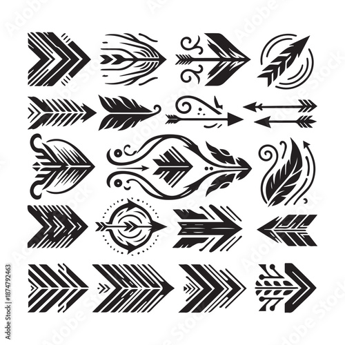 Collection of various tattoo arrows and feather designs