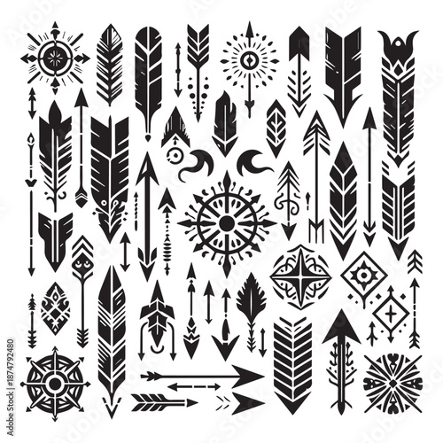 Collection of various tattoo arrows and feather designs