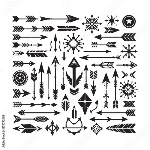 Collection of various tattoo arrows and feather designs