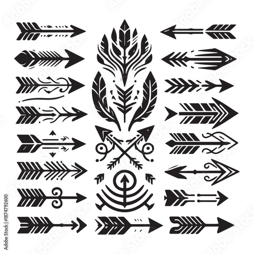 Collection of various tattoo arrows and feather designs